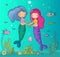 Cute little mermaids. cartoon girls with fish tails. Marine theme