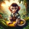 A cute little monkey sitting on a tree with banana in a stunning forest, animal creatures