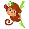 Cute little monkey on a stalk of bamboo isolated on a white background. Exotic animals. Sketch of festive poster, party