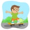 Cute little nerd boy with glasses on skateboard on road