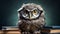 Cute little owl with glasses in front of studio background