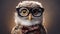 Cute little owl with glasses in front of studio background