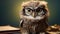 Cute little owl with glasses in front of studio background