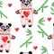 Cute little panda with bamboo and heart seamless pattern