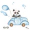 Cute little panda driving a car clipart, blue transport with animal and balloons, watercolor illustration for nursery and baby