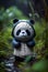 Cute little panda toy in a raincoat standing in the forest. AI Generative