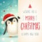 Cute little Penguin with big signboard. Merry Christmas calligraphy lettering design
