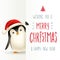 Cute little Penguin with big signboard. Merry Christmas calligraphy lettering design.