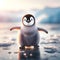 Cute little penguin on a frozen lake at sunrise, beautiful polar wildlife, north pole, closeup, generative ai