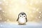 cute little penguin on snowy golden glitter background