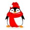 Cute little penguin wearing warm hat and scarf