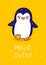 Cute little penguin on yellow background - cartoon character for funny Christmas and New Year winter greeting card and poster