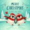 Cute little penguins skate on frozen river in Christmas snow scene. Christmas cute animal cartoon character.