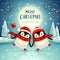 Cute little penguins skate on frozen river under the moonlight in Christmas snow scene. Christmas cute animal cartoon character