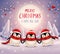 Cute little penguins under the moonlight in Christmas snow scene winter landscape. Christmas cute animal cartoon character.