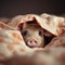 Cute little pig peeking out from under the pink blanket.