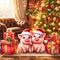 cute little pigs wearing santa hats with christmas presents