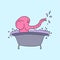 Cute little pink elephant having a bath in a bathtub.