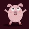 cute little pink pig stands and rejoices on a dark background