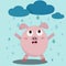 cute little pink pig stands and rejoices in the rain on a blue background