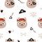 Cute little pirate cat head seamless childish pattern. Funny cartoon animal character for fabric, wrapping, textile