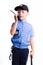 Cute little police boy with smile on face and baton on white background. Intelligent cool children in police suit with blue eyes