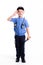 Cute little police boy with smile on face and gun on white background. Intelligent cool children in police suit with blue eyes
