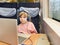 Cute little preschool girl sitting in train and watching tv on laptop while moving. Happy child going on family vacations by