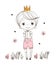 Cute little prince in a golden crown. Toddler in shorts with suspenders stands on the grass. Greeting card with a