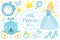 Cute little princess Cinderella set objects. Collection design element with pretty girl, carriage, watch, mirror