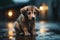 Cute little puppy sitting on the wet floor in the rain, Stray homeless dog, Sad abandoned hungry puppy sitting alone in the street
