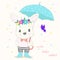 Cute little rabbit cartoon hold umbrella in hand on a rainy day.