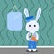 A cute little rabbit in a costume with carrot in the room with mirror