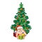 Cute little rabbit in a hat under an ornamented Christmas tree with gifts