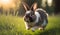 Cute little rabbits running on grass field yard in the morning with sunlight, enjoy lovely and happiness, bunny in fresh