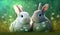 Cute little rabbits running on grass field yard in the morning with sunlight, enjoy lovely and happiness, bunny in fresh