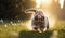 Cute little rabbits running on grass field yard in the morning with sunlight, enjoy lovely and happiness, bunny in fresh