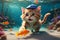 Cute little Ragdoll kitten swims in the sea underwater on the shore.