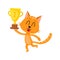 Cute little red cat character, champion holding golden winner cup