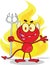 Cute Little Red Devil With A Pitchfork In Front Fire