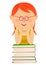 Cute little red-haired nerd girl with glasses leans on stack of books over white background