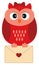 Cute Little Red Owl with Bow Holding Envelope with Heart Image. Vector Cute Owl