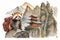 Cute little red panda tourist exploring the world with backpacking