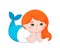 Cute little redhaired mermaid illustration. Digital colorful underwater fairy tale cartoon character.