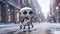 Cute little robot on street winter design friendly snow walking