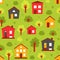 Cute little rural houses in autumn seamless pattern.