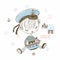 Cute little sailor boy in cap with toy boat. Vector