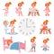 Cute little school girl day routine schedule. Cartoon kid activity, exercise, dress, brush teeth and chores. Vector