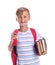 Cute little schoolboy with books on white background