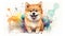 Cute little Shiba Inu dog with a wide open mouthed smile and bright. Watercolor